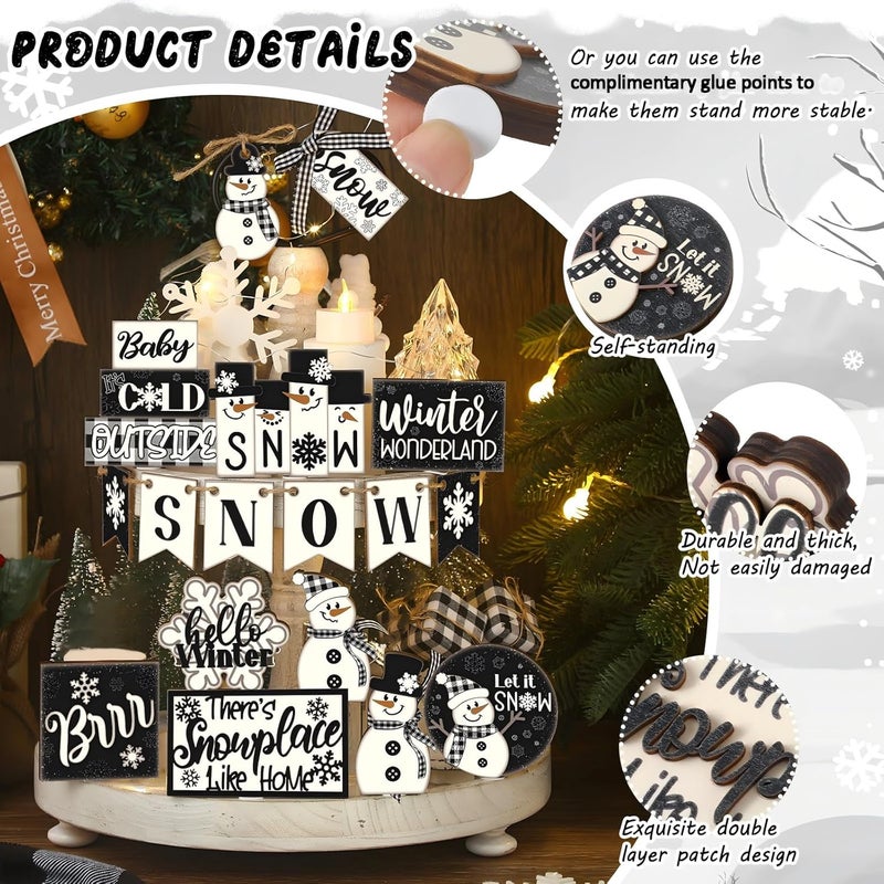 Funnymoom 24 Pcs Winter Tiered Tray Decor Set Winter Tiered Decorations Snowman Wooden Signs Snowflakes Table Centerpieces Without Tray Black White Farmhouse Frosty Snow Themed for Home Table - Image 3